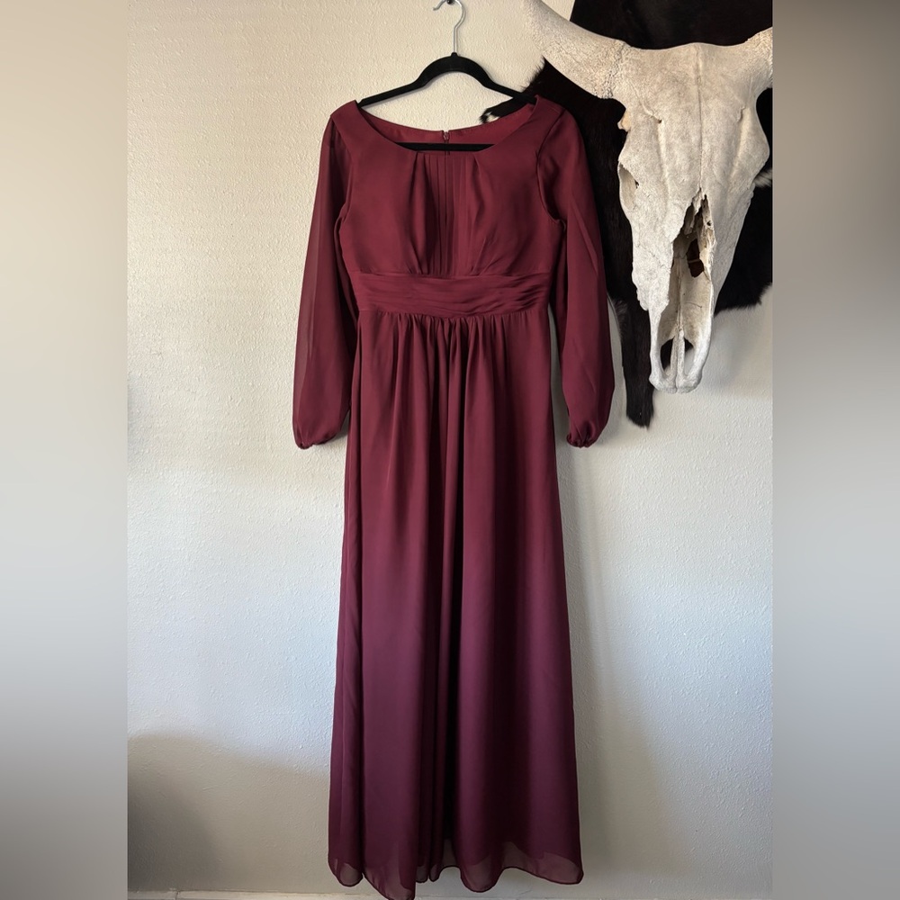 BOLENSYE Long Formal Burgundy Dress for Women with Sheer Long Sleeves